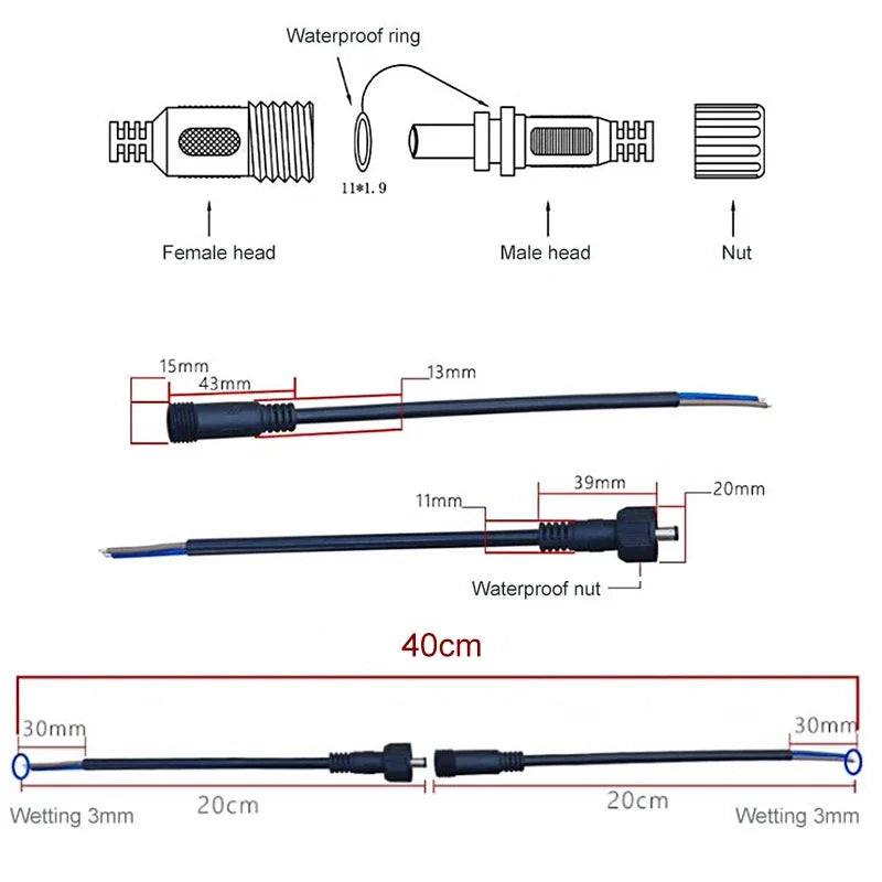 12V DC Power Plug 55*21mm 2Pin Waterproof Connector Male Female Terminal Butt Joint Monitoring Line 1-5M Extension Cord IP67