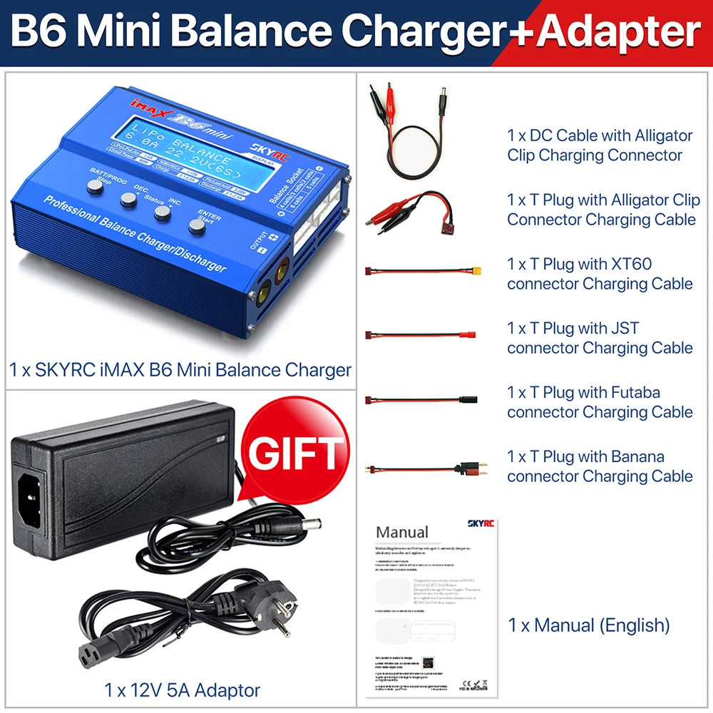 SKYRC Lipo Charger IMAX B6 EVO B6 V2 B6 Mini B6AC V2 Balance Battery Charger Discharger with Adapter Temperature Sensor 6A 1-6S