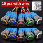 10 pcs  Latching Push Button Switch Metal Shell 16/19/22mmWaterproof Power Symbol Pattern Self-Locking Momentary Fixed 1NO 1NC