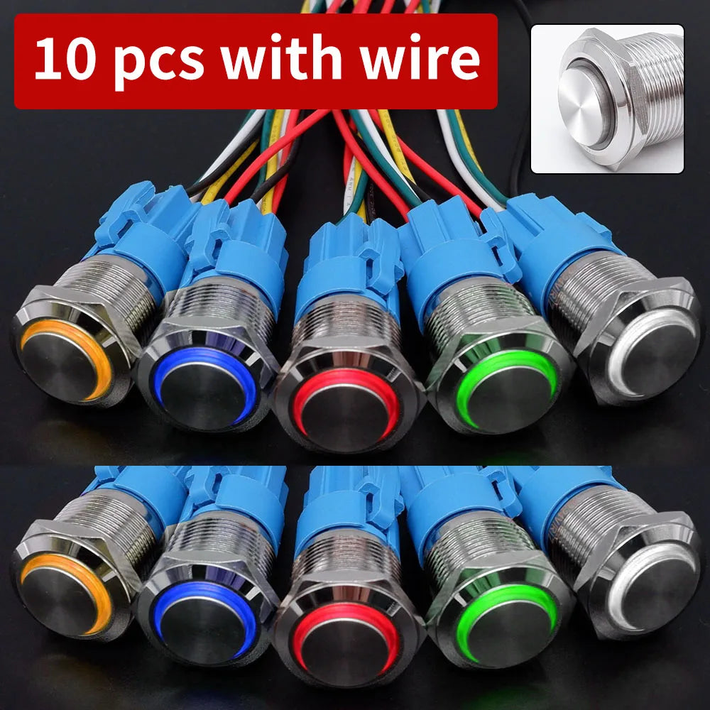 10 pcs  Latching Push Button Switch Metal Shell 16/19/22mmWaterproof Power Symbol Pattern Self-Locking Momentary Fixed 1NO 1NC