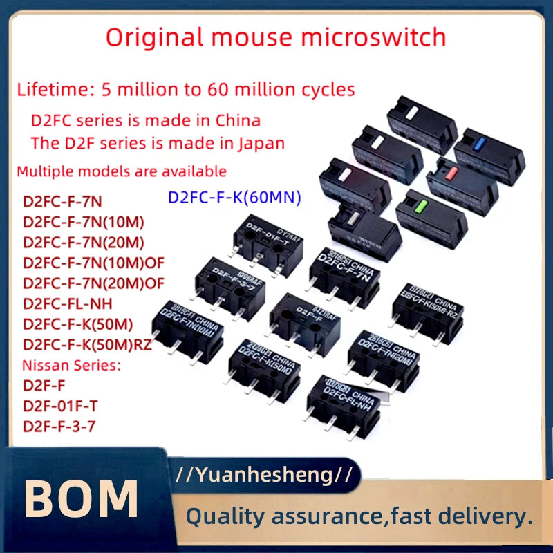 original New Authentic Mouse Micro Switch D2FC-F-7N Mouse Button Fretting D2FC-E-7N D2FC 10M 20M OF 50M 60M