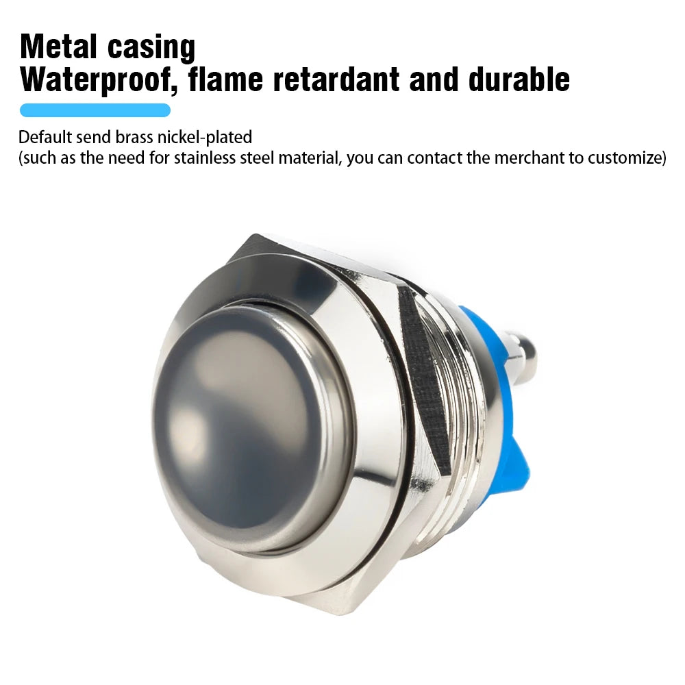 19mm 1NO Momentary High Flat Head Waterproof Reset Metal Push Button Switch Screw Terminal Car Engine Doorbell PC Power Switch