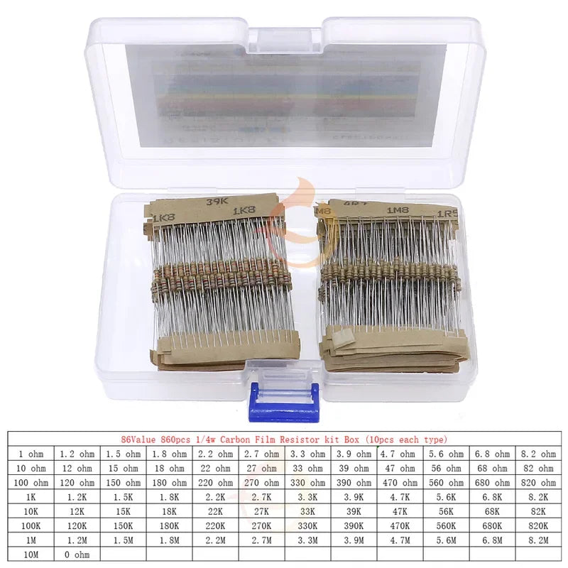 1/6W 1/4W 1/2W 1W 2W 3W 5W 5% 0 ohm-10M Carbon Film Resistance Four Color Ring Resistor Assorted Kit with Box