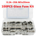 100PCS Fast Blown Glass Fuse Combination Kit M5x20mm 250V Multiple Amp Ratings 0.1A-20A Clear Plastic Storage Box