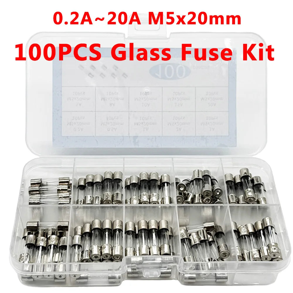 100PCS Fast Blown Glass Fuse Combination Kit M5x20mm 250V Multiple Amp Ratings 0.1A-20A Clear Plastic Storage Box