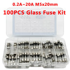 100PCS Fast Blown Glass Fuse Combination Kit M5x20mm 250V Multiple Amp Ratings 0.1A-20A Clear Plastic Storage Box