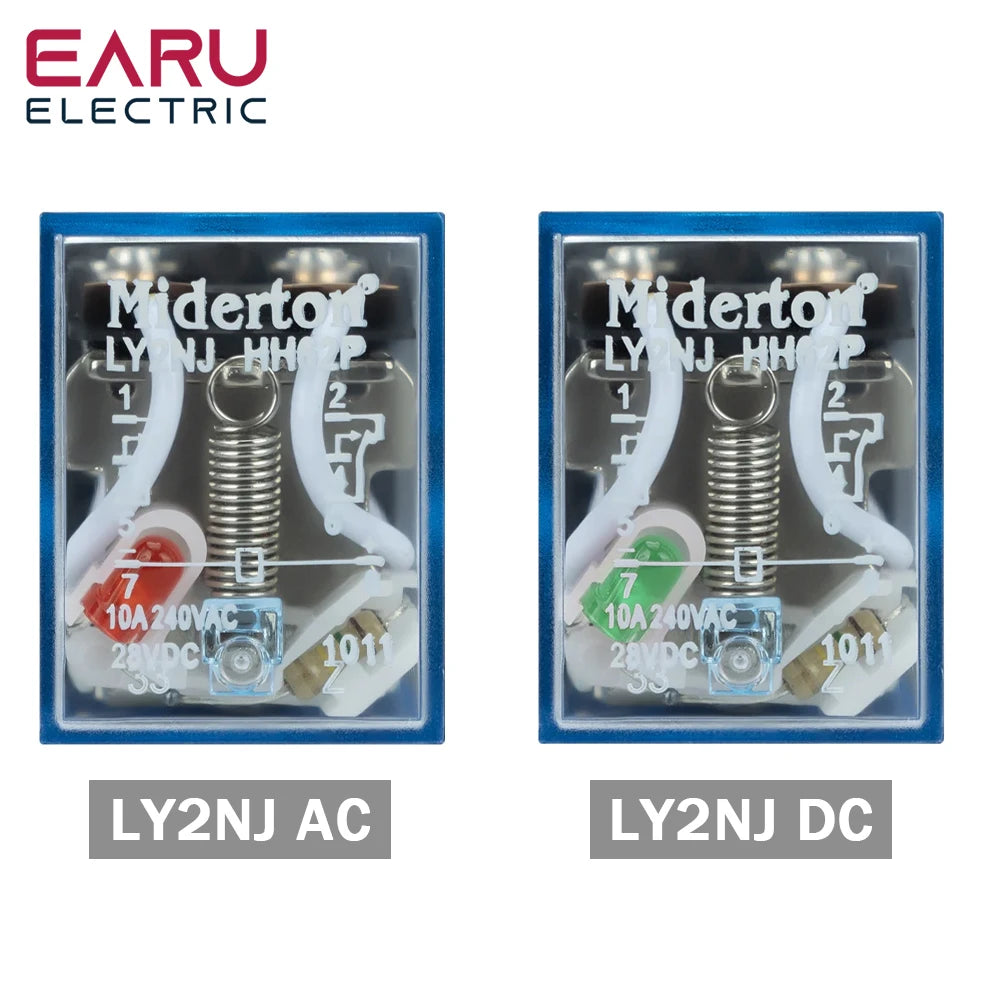 EARU 1Pcs LY2NJ HH62P Small Electromagnetic Relay 10A 8PIN Coil Power Relay DC12V DC24V AC110V AC220V With Socket Base DIN Rail