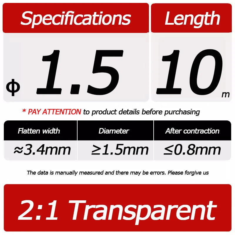 10 Meter/Lot Heat Shrink Tube 2:1 Clear Transparent Tubing Shrinkable Wrap 1mm - 60mm Cable Sleeve Wire