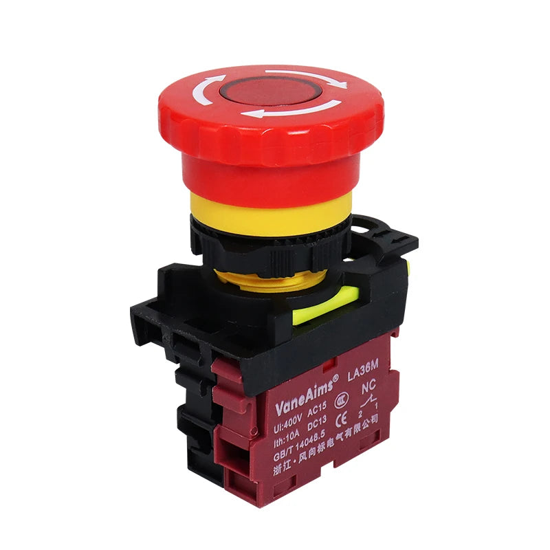 22mm LA36M Emergency Stop Switch Lockable Push Button 12v 24v 220v 10A 1NC 2NC Red Mushroom Head E-Stop Switches On Off VaneAims