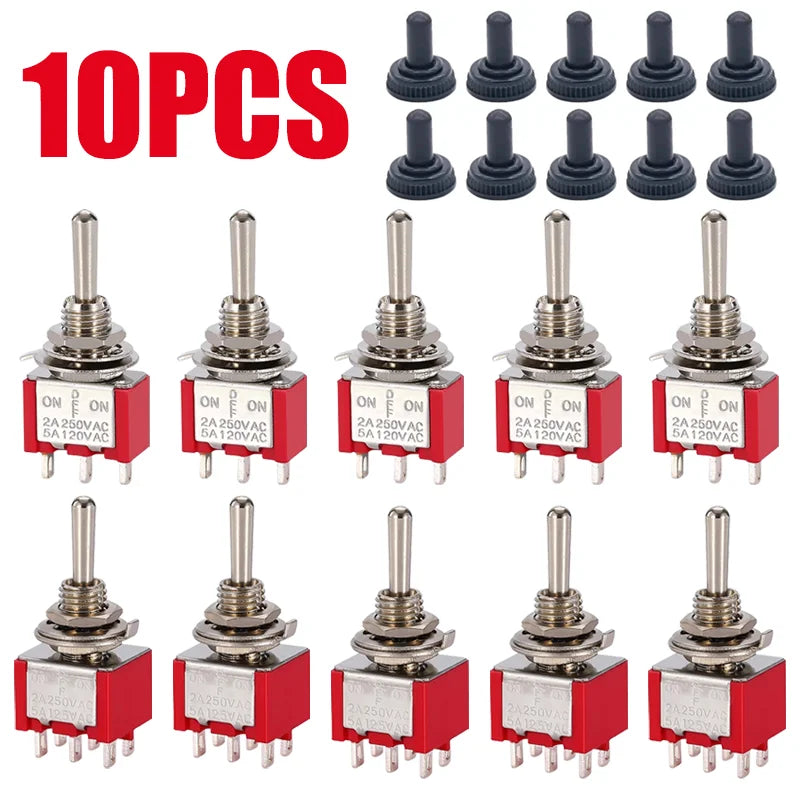 10pcs 6mm Miniature Switches Toggle Switch Single Pole Double Throw Mini Waterproof Cap Micro Switch ON-OFF-ON 6A
