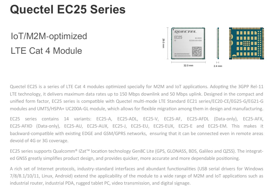 Quectel EC25 Series EC25-E/EC25-EU/EC25-A/EC25-AF/EC25-AFXD/EC25-AUX/EC25-EC/EG25-G/EC25-AFX/EC25-EUX  LTE Mini PCIE with kits