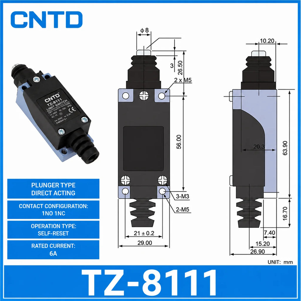 2Pcs CNTD TZ‑8 Series Micro Limit Travel Switch IP65 Waterproof 1NO+1NC 10A 250VAC Industrial Mechanical Position Switch