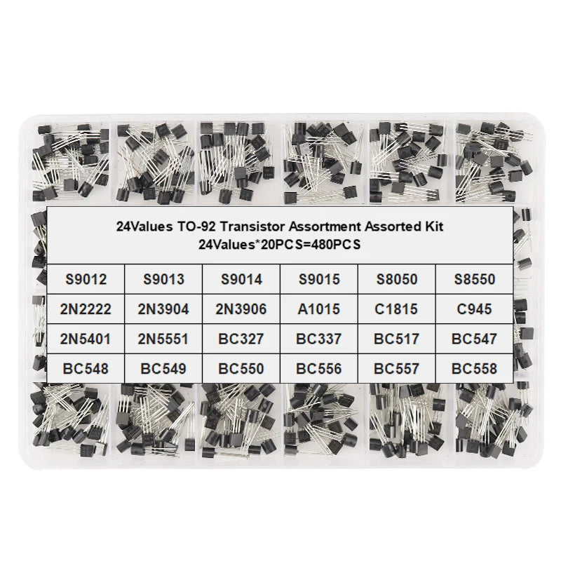 480PCS 24Values TO-92 Transistor Kit S8050 S8550 BC547B 2N5401 2N5551 2SC1815 C945 2N2222 2N3904 2N3906 S9015 New Assortment Box