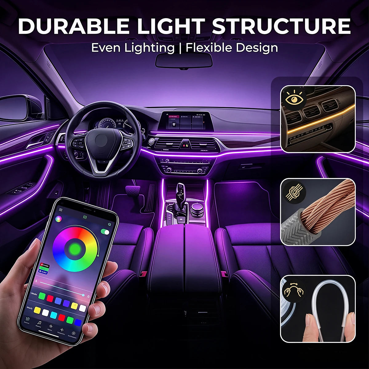 Car Interior Ambient LED Strip Lights RGB Fiber Optic Atmosphere Ultra-thin Heat-resistan Neon Lighting APP Control Decor Lamps