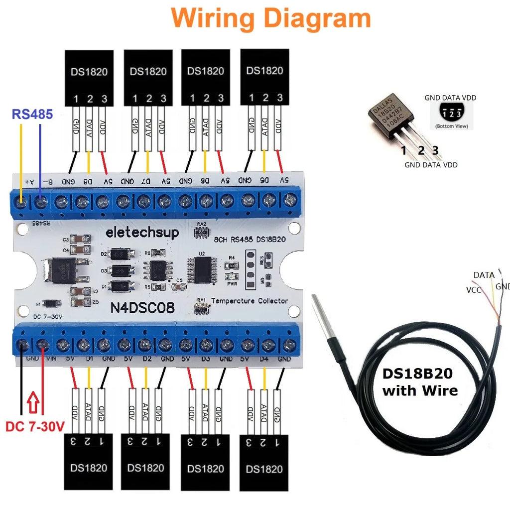 8-Way 1-Wire DS18B20 Digital Temperature Sensor Modbus RS485 Analog IO Module Paperless Recorder Board