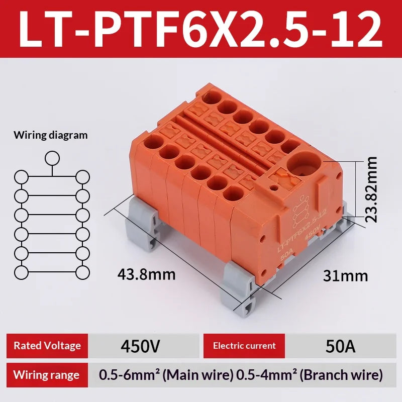 Push-in Terminal Block PTF6X2.5mm One in Multiple Out Splitter Spliceable Wire Connectors DIN Rail Junction Box Electrical Joint