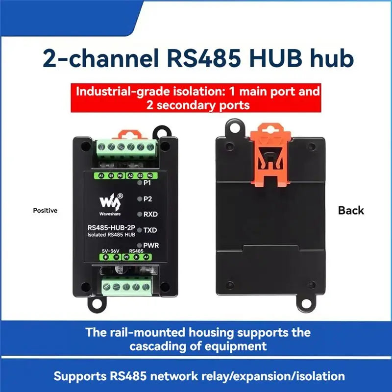 Waveshare Industrial Isolated 2-CH RS485 Hub Repeater 1-RS485 To 2- RS485 Network Relay/Control/Isolation RS485-HUB-2P-ABVP