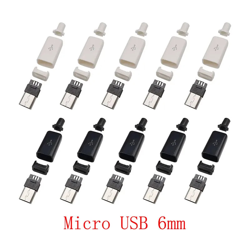 10Pcs Micro USB 5 Pin Soldering Type Male Plug Connector 5P MicroUSB Tail Charging Socket DIY Repair Plugs 4 in 1 Black White