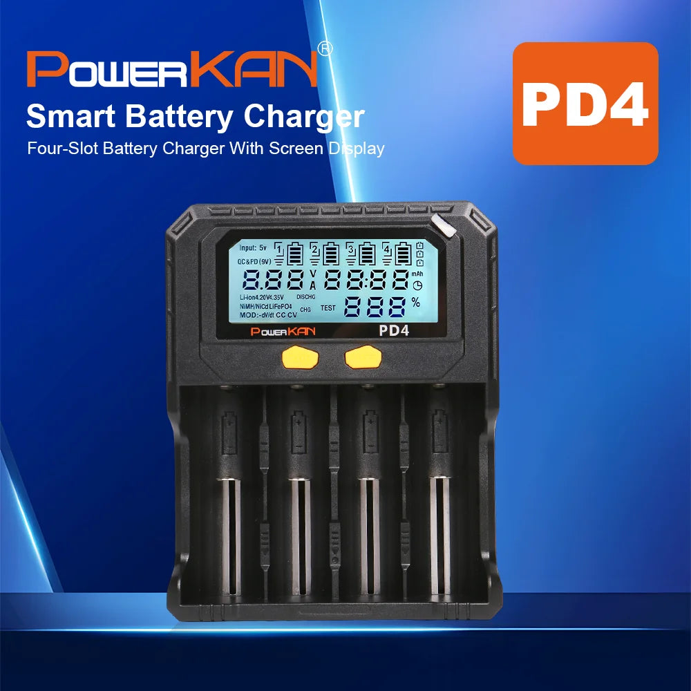 POWERKAN PD4 Smart Battery Charger with LCD Display Capacity Test for 18650 21700 26650 Li-ion Ni-MH Rechargeable Batteries