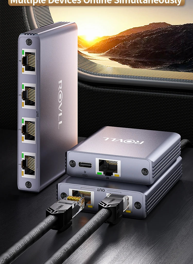 ROVLL Gigabit 1000Mbps RJ45 Ethernet Network Splitter 1 to 4 LAN Adapter Connector for PC Laptop TV Router Network Cable