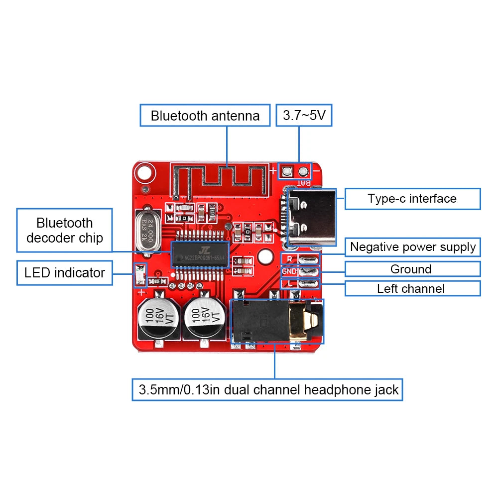 1-100pcs Bluetooth Audio Receiver Board Bluetooth 5.1 MP3 Lossle Decoder Micro USB 3.5mm Audio Output Amplifier Module Type-C 3W