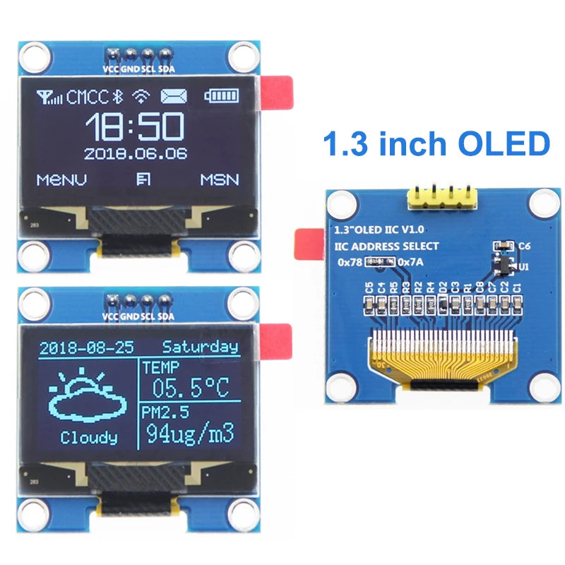 1.3 Inch OLED Display Module 1.3" IIC I2C SH1106 128X64 4Pin Blue/White OLED Screen Module for Arduino IDE/Raspberry Pi