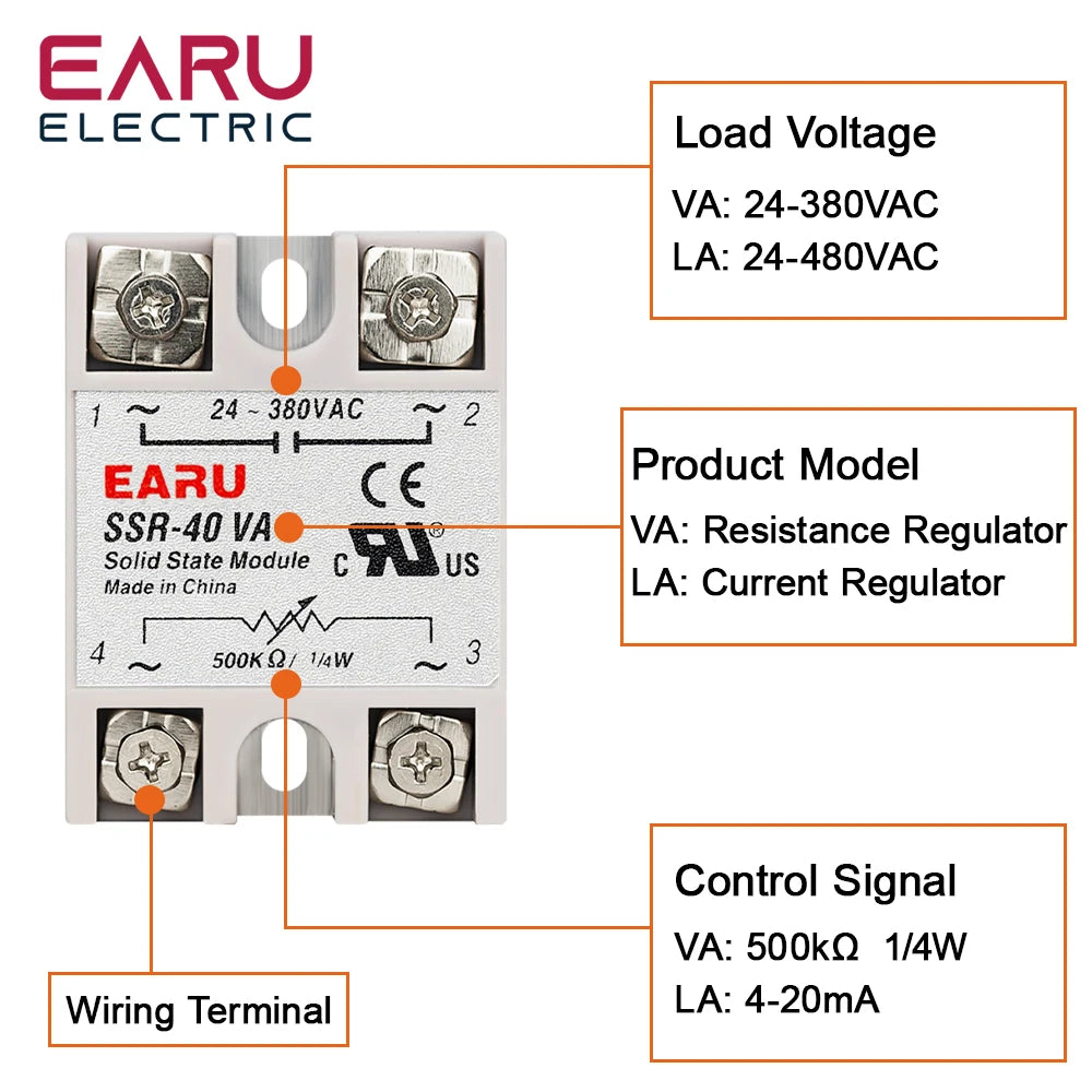 SSR-10VA SSR-25VA SSR-40VA SSR Solid State Relay Voltage Regulator AC24-380V Output+Potentiometer for PID Temperature Controller