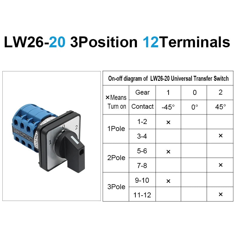 OMCH 1PCS Silver Contact LW26-20/32/63 Universal Switch 3 Position 1-0-2 1/2/3/4 Poles 440V 4/8/12/16Terminals Rotary Cam Switch