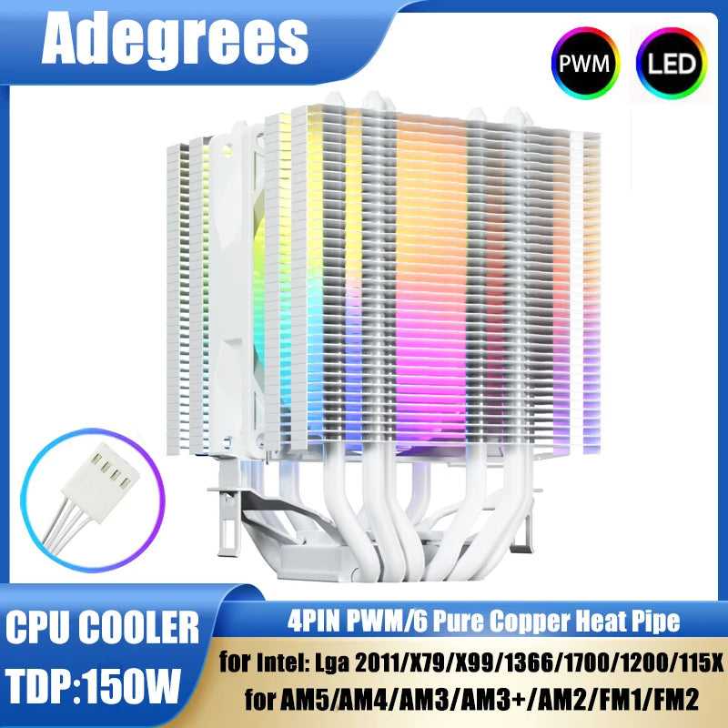 6 Heat Pipes CPU Cooler Black/White Silent RGB Cooling Fan for Intel LGA 1700 1200 1150 1151 1155 2011 X79 X99 1366 AMD AM5 AM4
