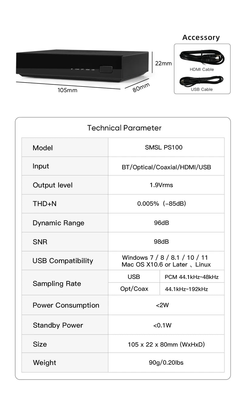 SMSL PS100 Multifunctional Audio Converter HDMI ARC ES9023 DAC Chip Audio Converter High Peformance Power For Home Car Music