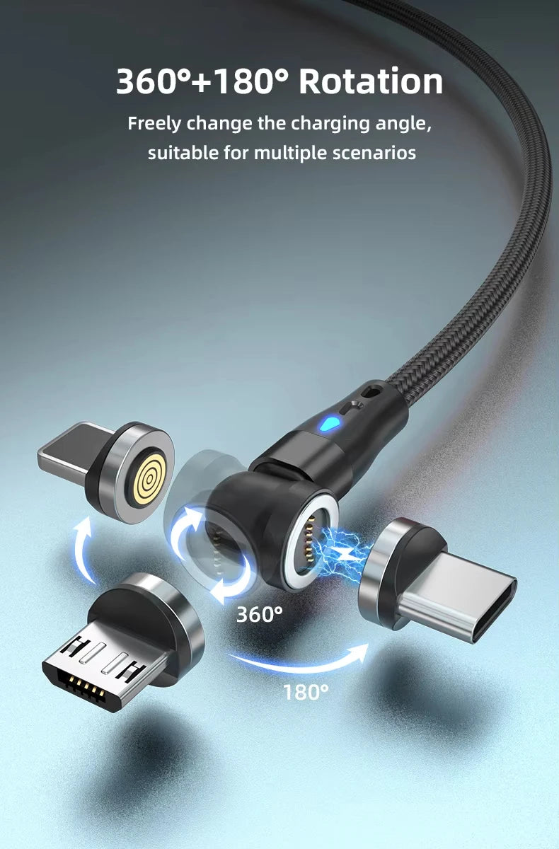 3A Fast Charging Magnetic Cable 540° Rotating USB Type C Micro Data Cable for Samsung Huawei Xiaomi Android Phone Charger Wire