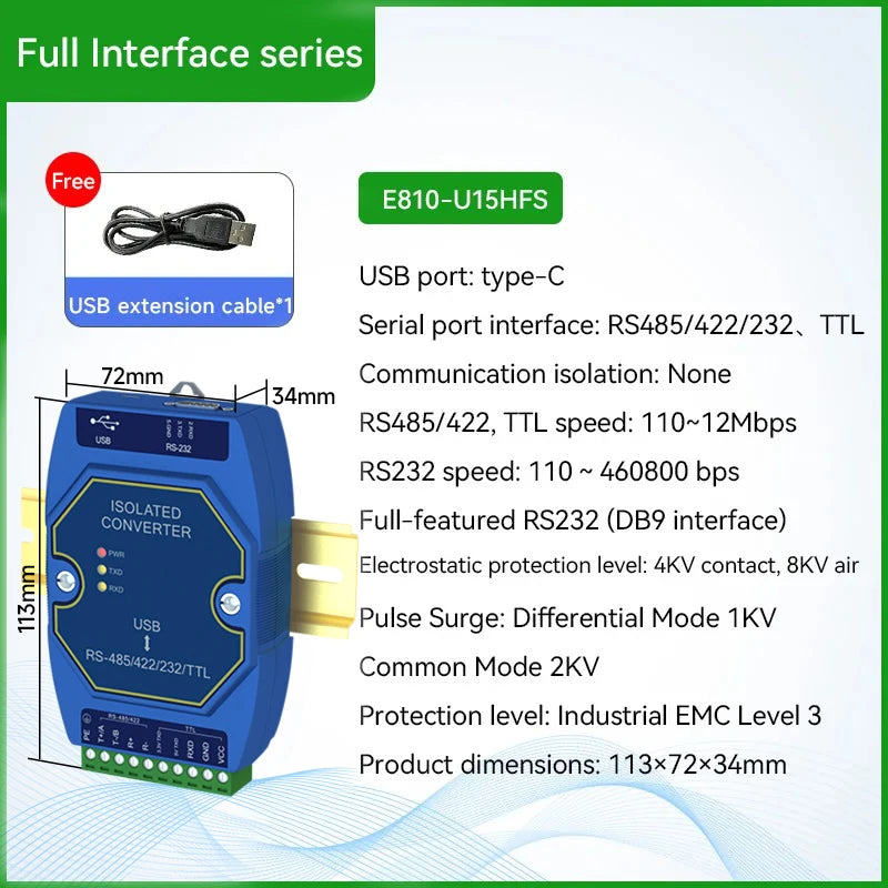 USB To RS485 RS422 RS232 TTL Industrial Converter CDSENET E810-U Series FT232 3.3/5V Power Signal Isolation Type-C