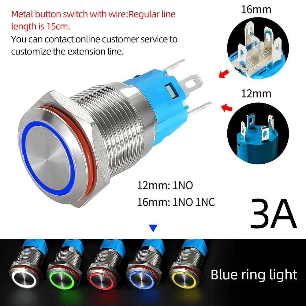 12/16mm Flat LED Illuminated Reset Latching Ring LED Metal Push Button Switch Waterproof On Off with Power Symbol