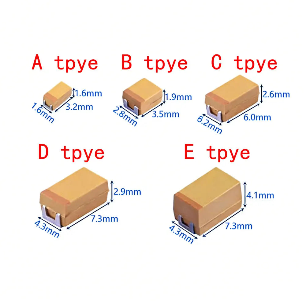 10PCS A B C D Case Tantalum capacitor 6V 10V 16V 25V 35V 50V  0.1UF 1uf 2.2UF 4.7UF 10UF 22UF 33UF 47UF 100UF 220uF 330UF