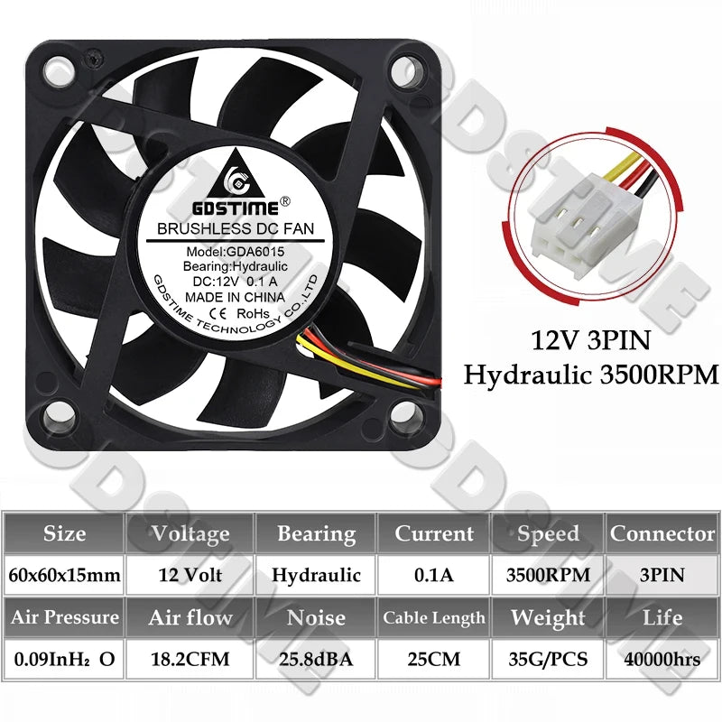 Gdstime 60MM Fan 24V 12V 5V Fan 60MMx15MM Brushless DC Exhaust Axial Cooling Fan 6cm 6015 Cooler for PC Equipment CPU Cooling