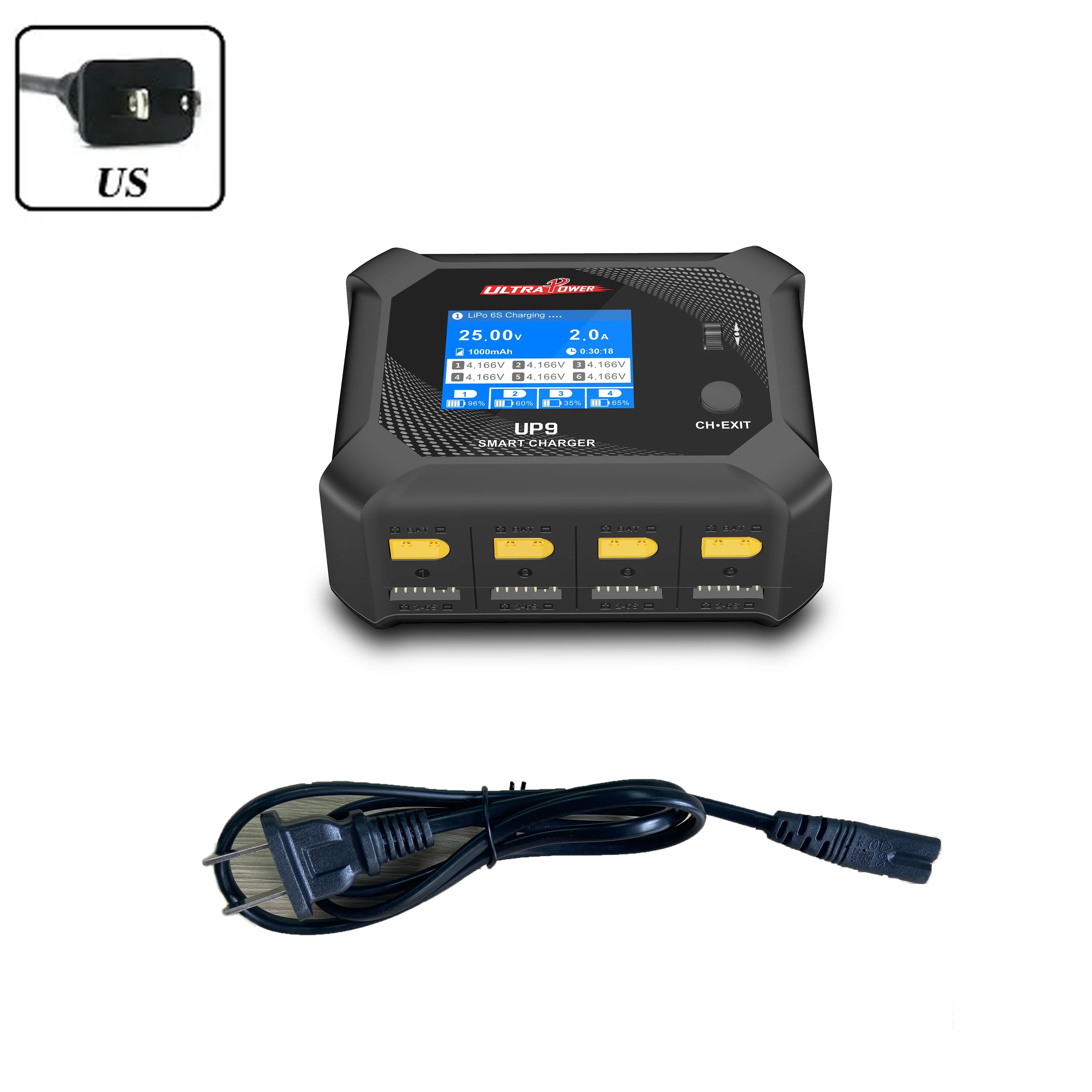UltraPower UP9 Smart Balance Charger Discharger AC 100W DC 200W 4 Channel 4CH LCD for 1-6S Lipo LiHV Lilon LiFe NiMH Battery