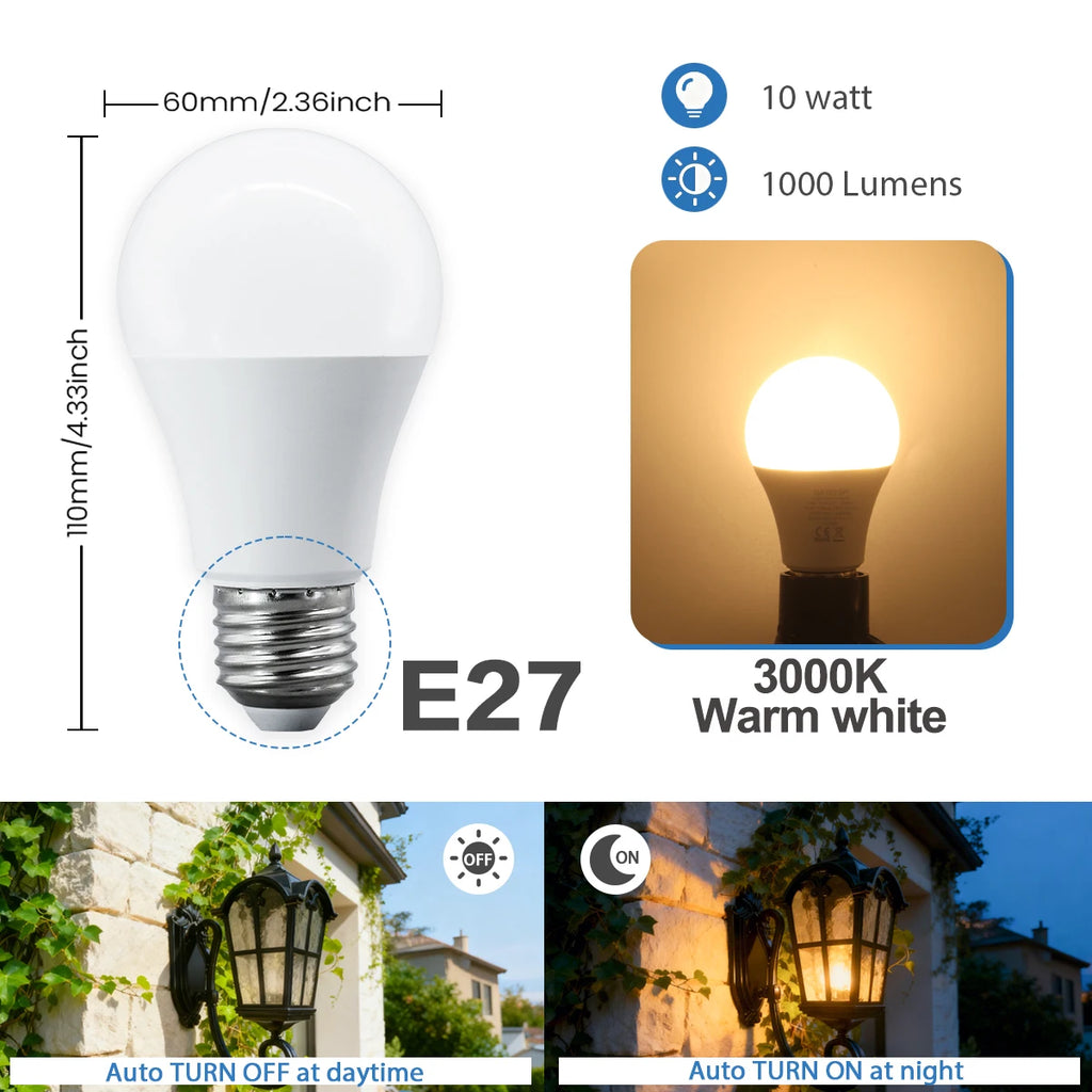 2Pack Led Sensor Control Bulb B22 E27  Bulb Light Dusk To Down AC100-240V 1000lm 10W 3000K-6000K for Underground Garage Corridor