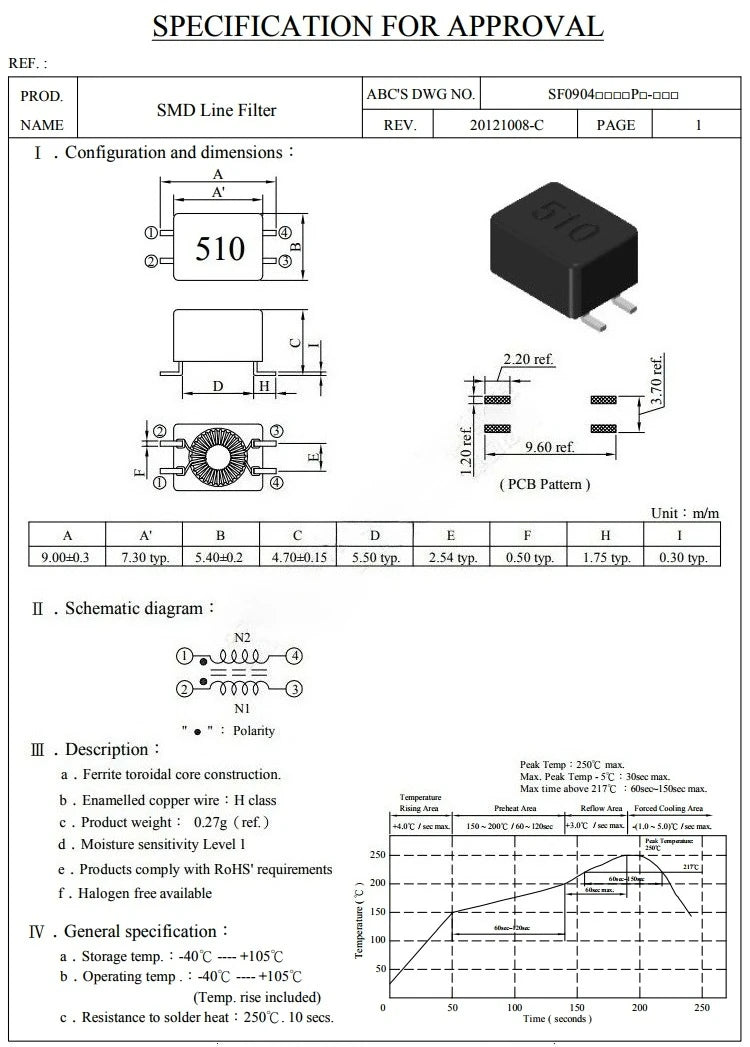470uH 0.5A SMD 4 Pin Common Mode Choke 51UH High Frequency EMI Filter Replacement for SF0904-510