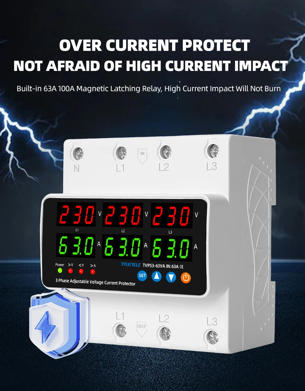 3 Phase Din Rail Voltmeter Ammeter Adjustable Over Under Voltage Current Limit Protection Monitor Relays Protector 63A 100A