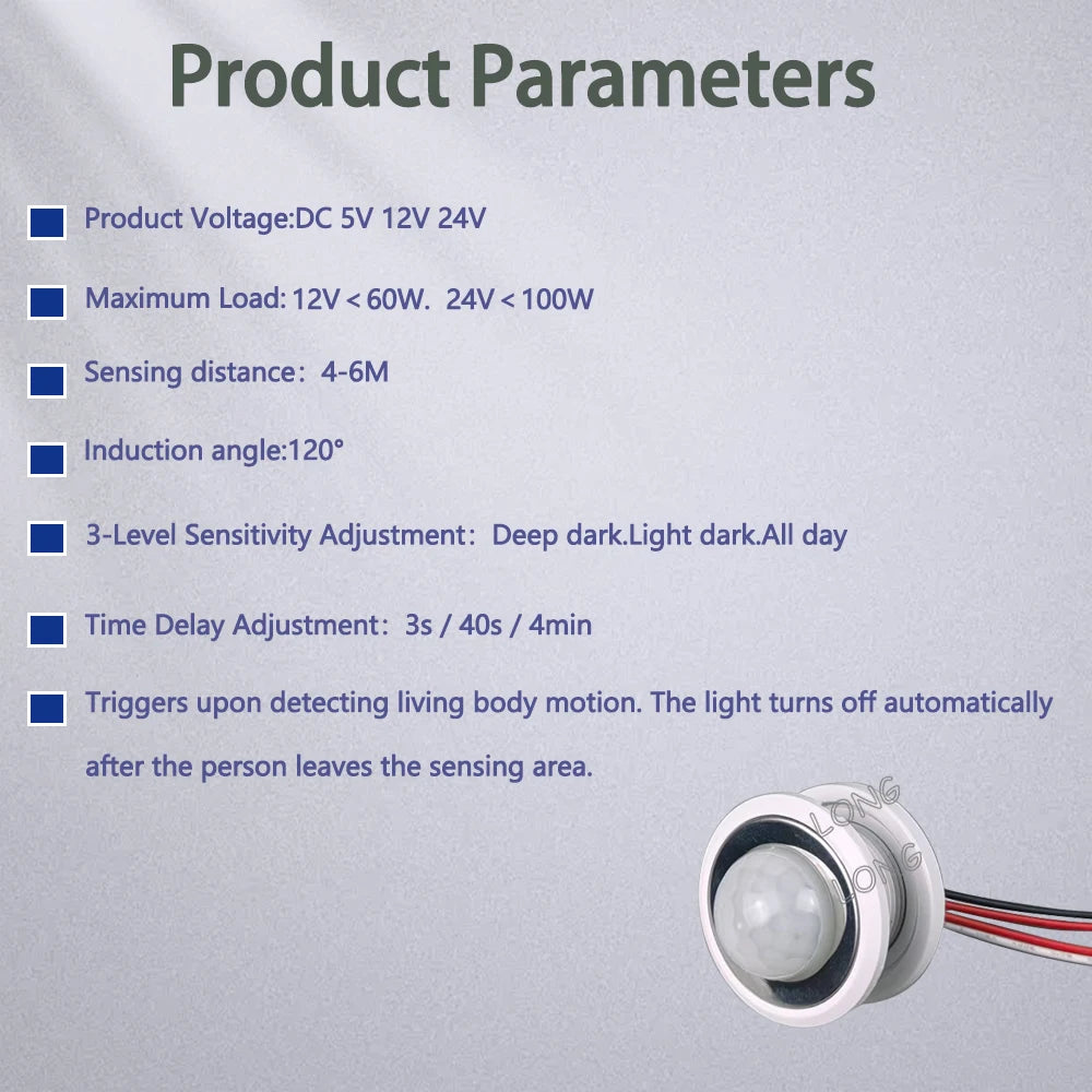 DC 5V 12V 24V 100W PIR Sensor Switch, Adjustable Time & Photocell Mode, High Power Infrared Motion Detector for LED Lighting