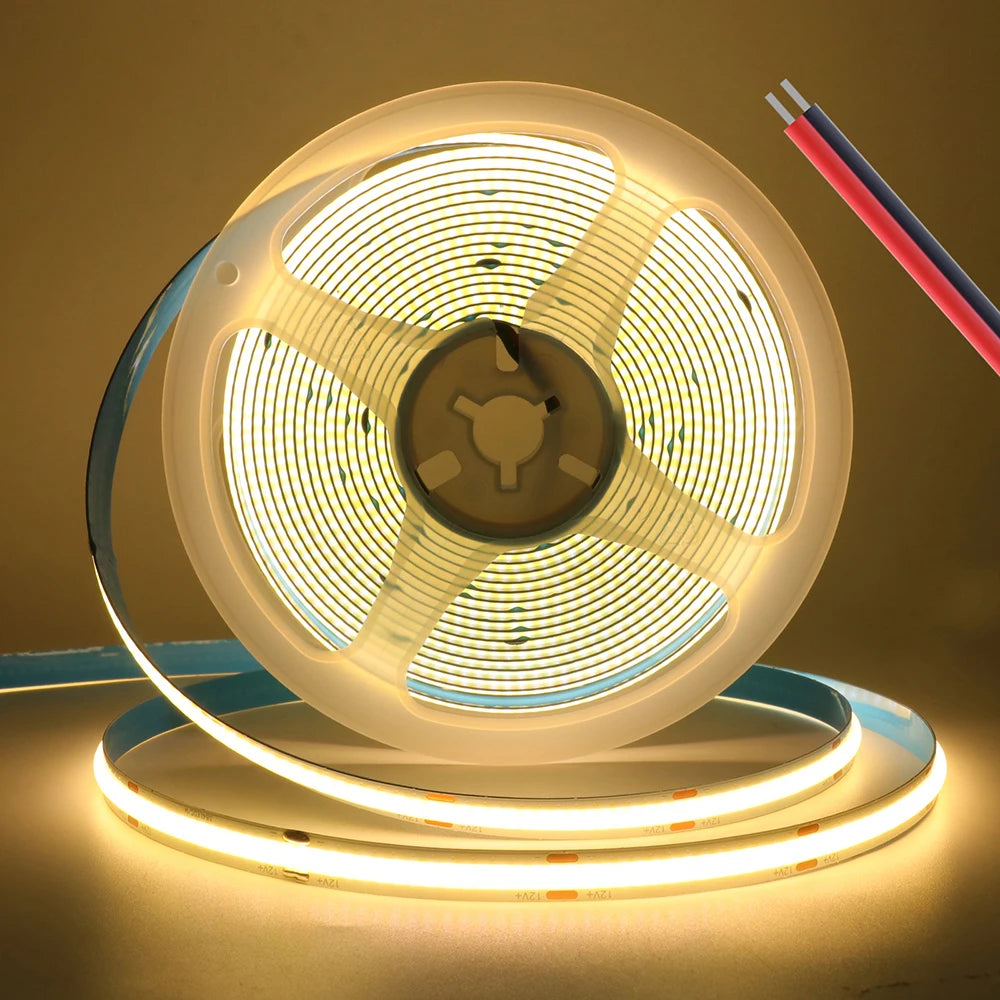 12V 5V USB COB LED Strip Light With 2Pin Wire 320 384 480 528 LEDs Flexible Tape Linear Lighting Warm White Pink Blue Red Yellow