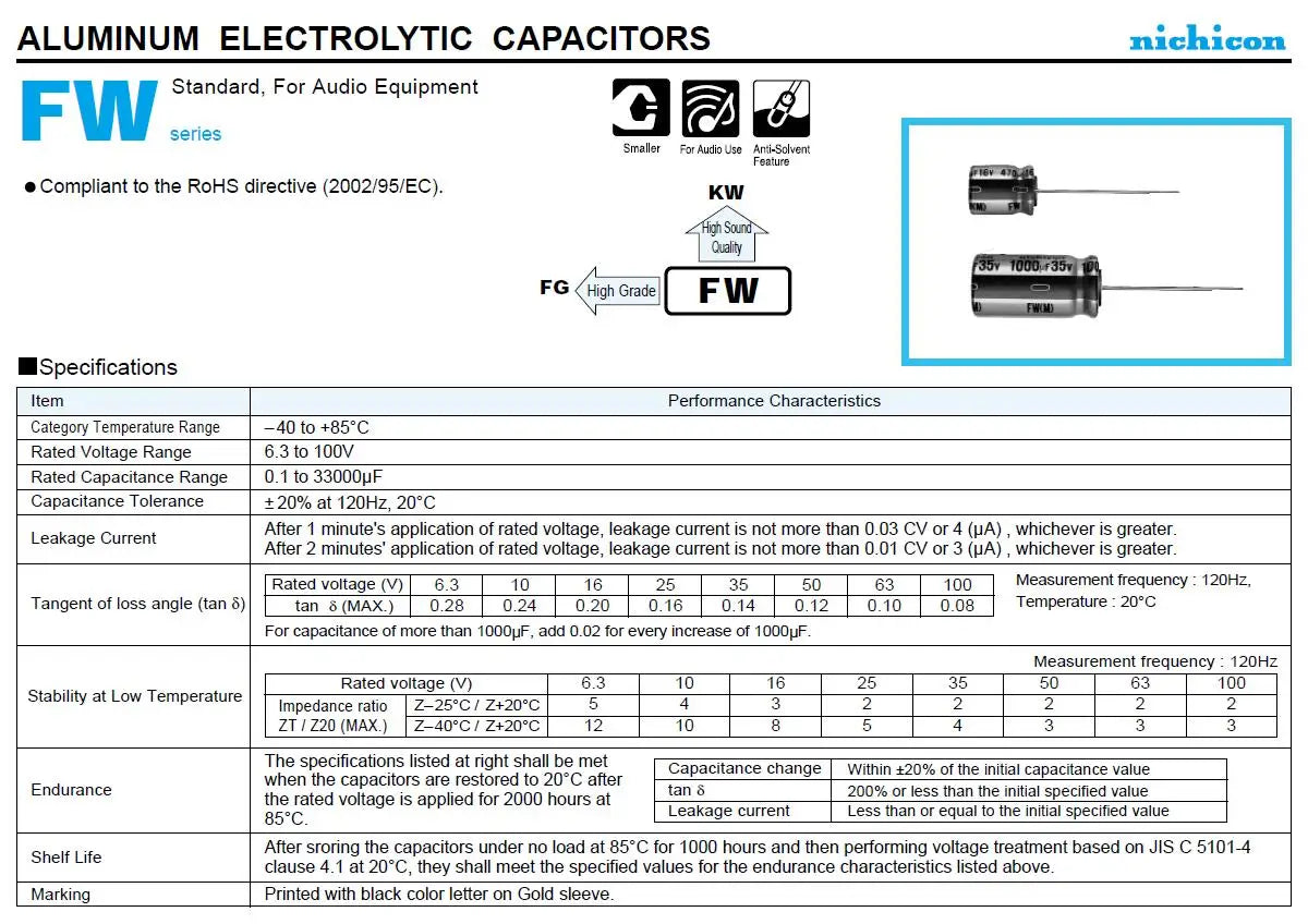 10pcs NICHICON FW Series 6.3V 16V 25V 35V 50V 63V 100V 1UF 10UF 220UF 470UF 1000UF Electrolytic Capacitors HIFI Audio Capacitor