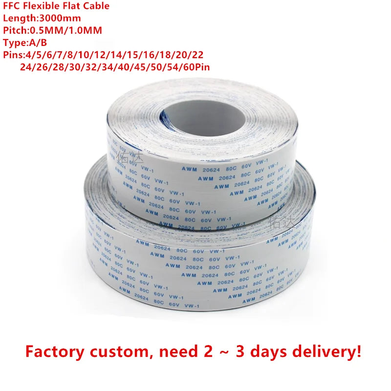 FPC FFC 3000mm AWM 20624 80C 60V VW-1 Flexible Flat Cable 3M A/B Type Ribbon Wire 4P/6/8/10/12/14/16/20/26/30/40/50/54/60Pin