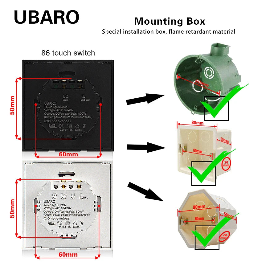 UBARO EU/UK Standard Crystal Tempered Glass Wall Panel Light Touch Switch Led Indicator Sensor Electrical Button 1/2/3Gang 220V