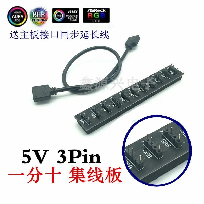 5-24V 3 Pin RGB Connector 1 To 1 2 3 4 5 3pin Wire Splitter Extension Cable for Computer Fan Motherboard AURA RGB LED Tape Light