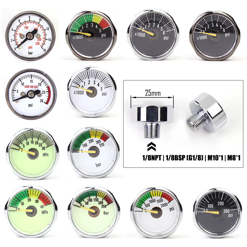 Air Mini Micro Pressure Gauge Manometre Manometer | Thread 1/8BSP(G1/8) 1/8NPT M10 M8 | 30PSI 300PSI 5000PSI 6000PSI 350BAR