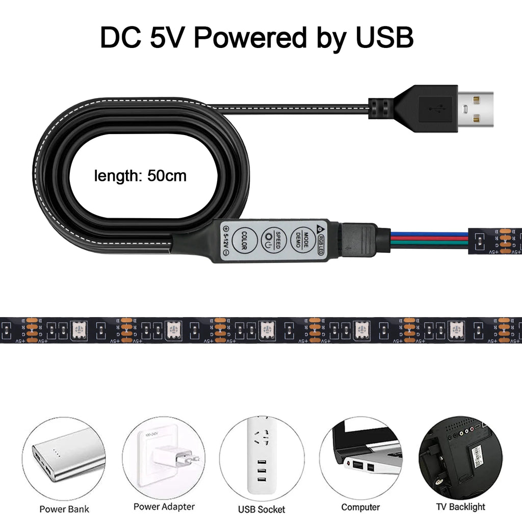 DC 5V USB RGB LED Strip Kit Black PCB Bluetooth/3Key/44Key IR Remote Control Flexible Ribbon Led TV BackLighting