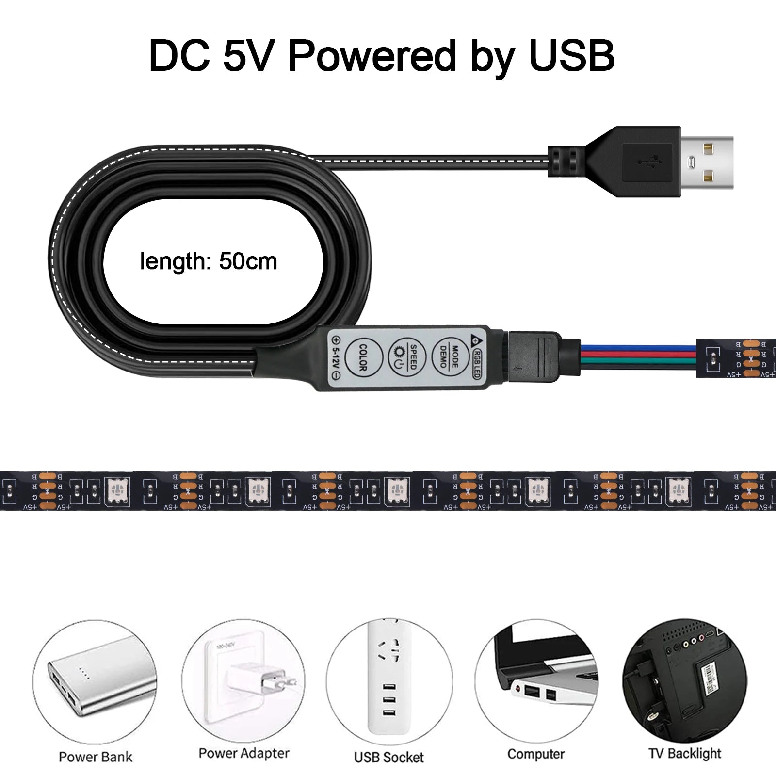 DC 5V USB RGB LED Strip Kit Black PCB Bluetooth/3Key/44Key IR Remote Control Flexible Ribbon Led TV BackLighting