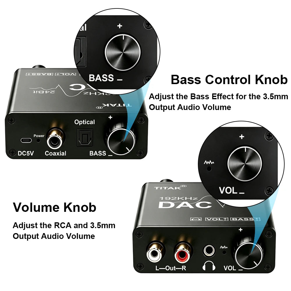 192KHz/24Bit DAC Digital to Analog Audio Converter Digital SPDIF Optical Toslink Coaxial to Analog Stereo L/R RCA and 3.5mm Jack