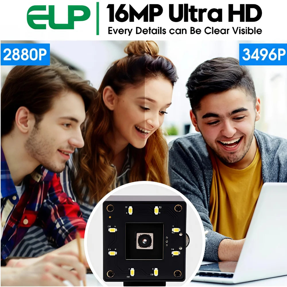 ELP 16MP Autofocus USB Camera IMX298 Sensor Ultra HD No Distortion Webcam with Night Vision White LED for Security System